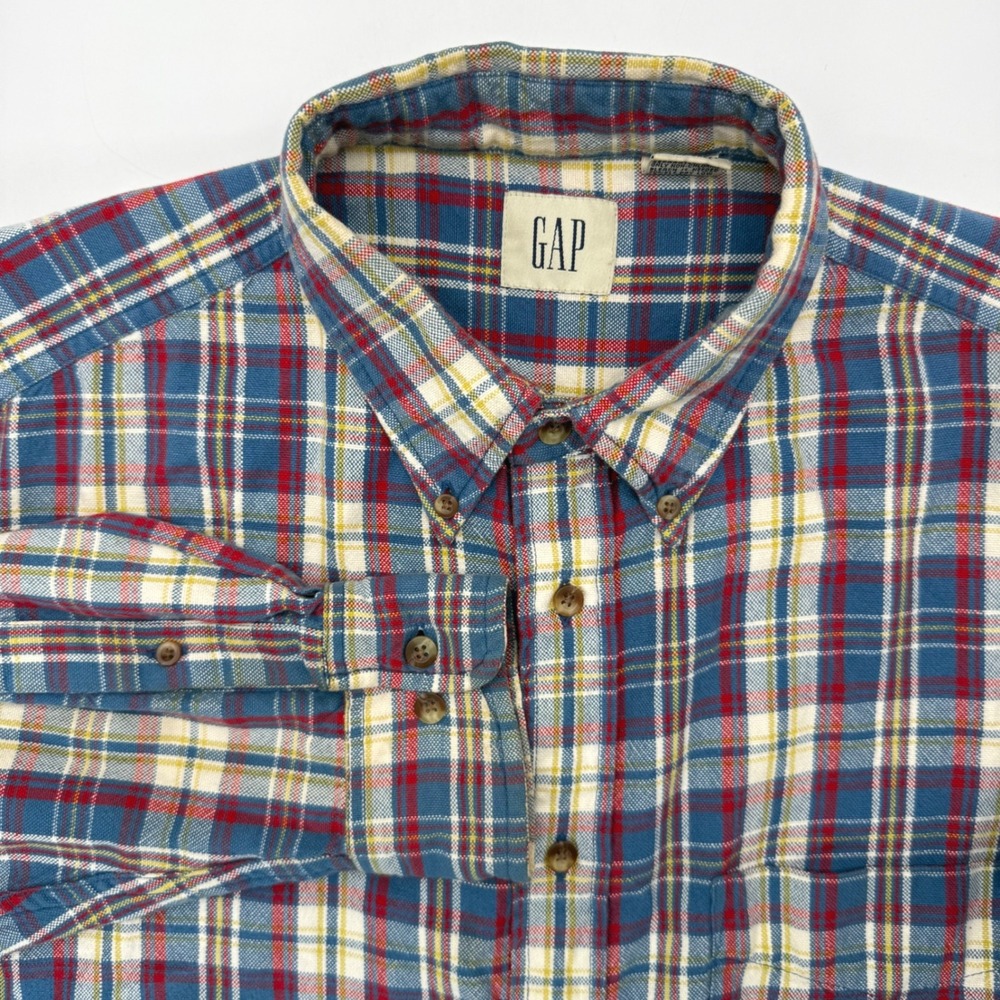 Gap Button Down Mens Large Blue Red Plaid Flannel Shirt 113045-01-1 Long Sleeve